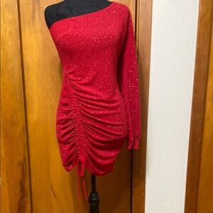 Windsor | Red Sparkly Glitter Dress One Shoulder One Long Sleeve & Ruched- Large